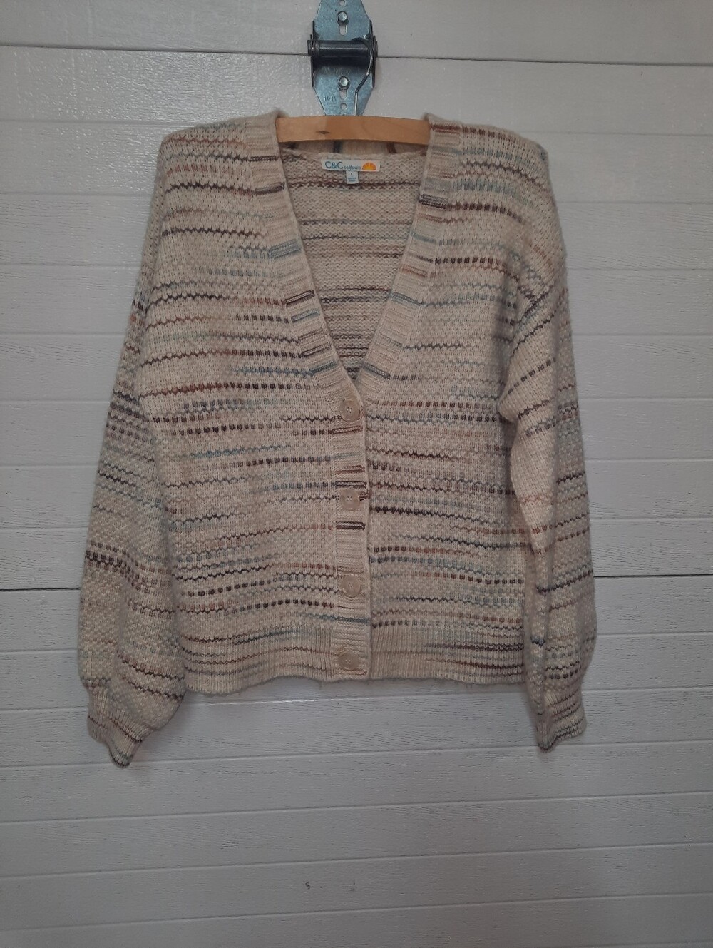 C&C California Cream Striped V-Neck Button Cardigan